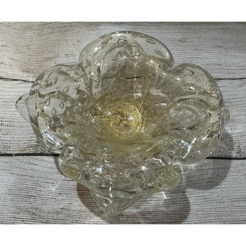 Vintage Murano Hand Blown Layered Glass Gold Specked Dish Gold Flakes Bowl